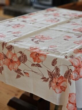 Cream Linen Mcm Tablecloth with Orange Floral Print - Home Dining